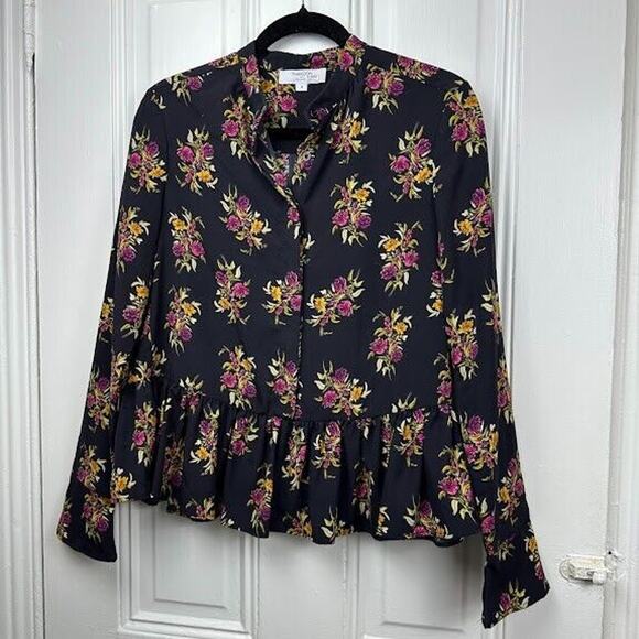 Thakoon Collective Blouse Womens 4 Black Floral Button-Up Peplum Cottage Preppy - Picture 1 of 7
